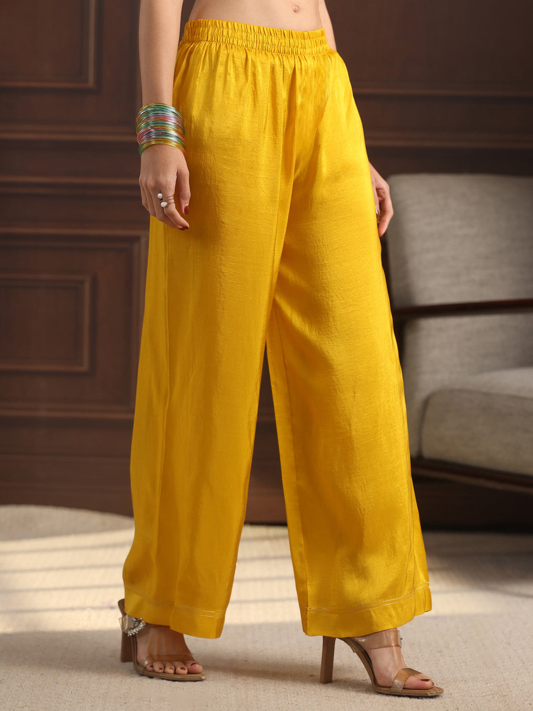  Libas Mustard Floral Embroidered Silk Blend Palazzo Suit Set 