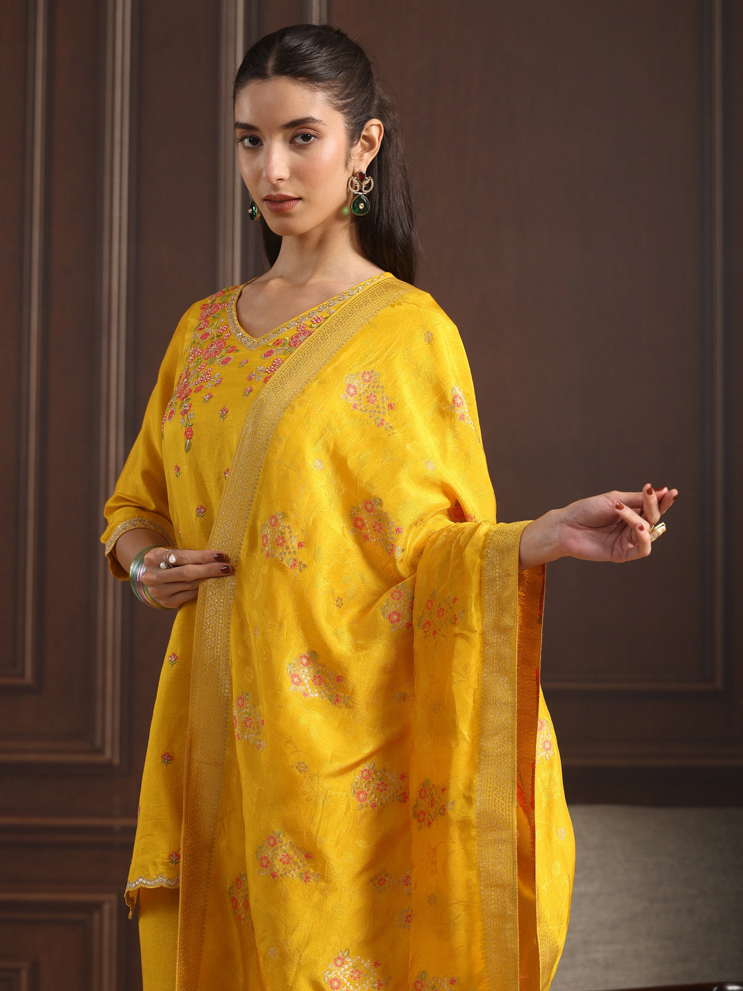  Libas Mustard Floral Embroidered Silk Blend Palazzo Suit Set 