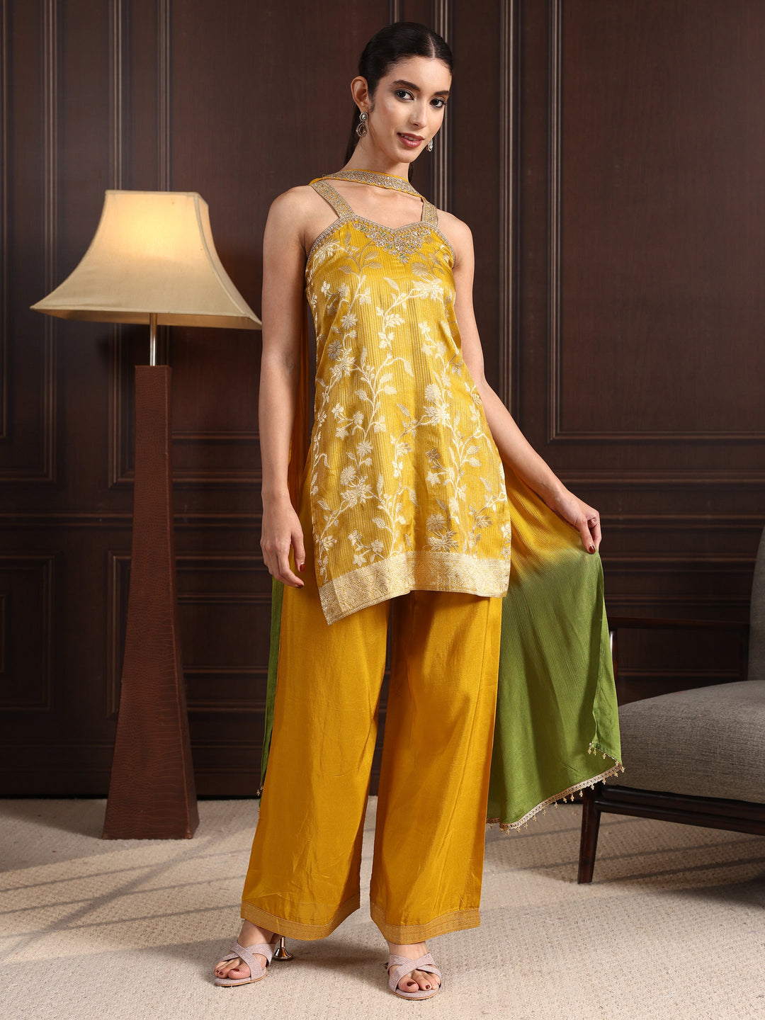  Libas Mustard Strappy Floral Embroidered Tissue Palazzo Suit Set 