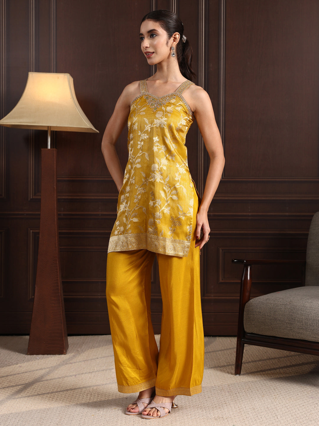  Libas Mustard Strappy Floral Embroidered Tissue Palazzo Suit Set 