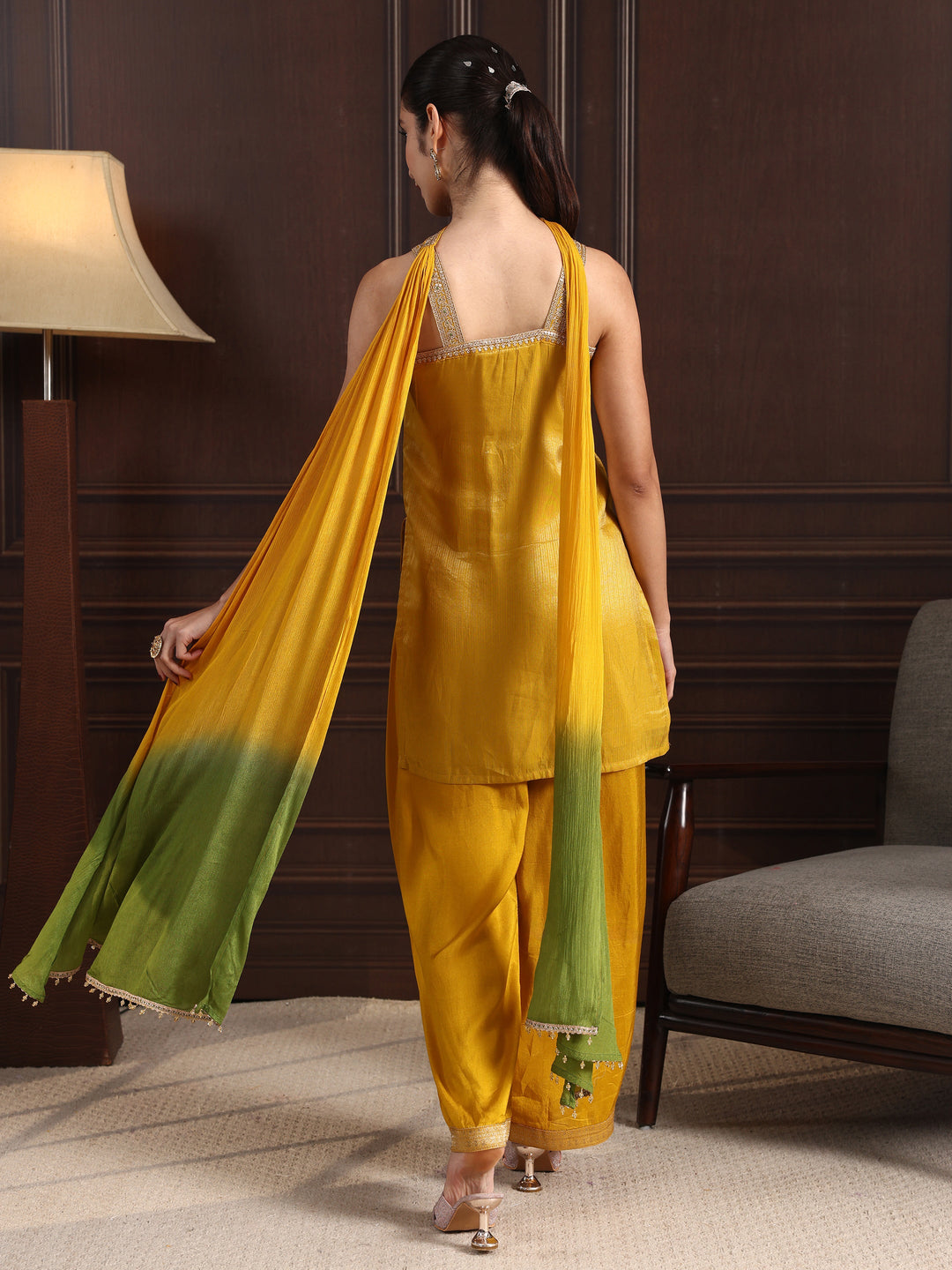  Libas Mustard Strappy Floral Embroidered Tissue Palazzo Suit Set 