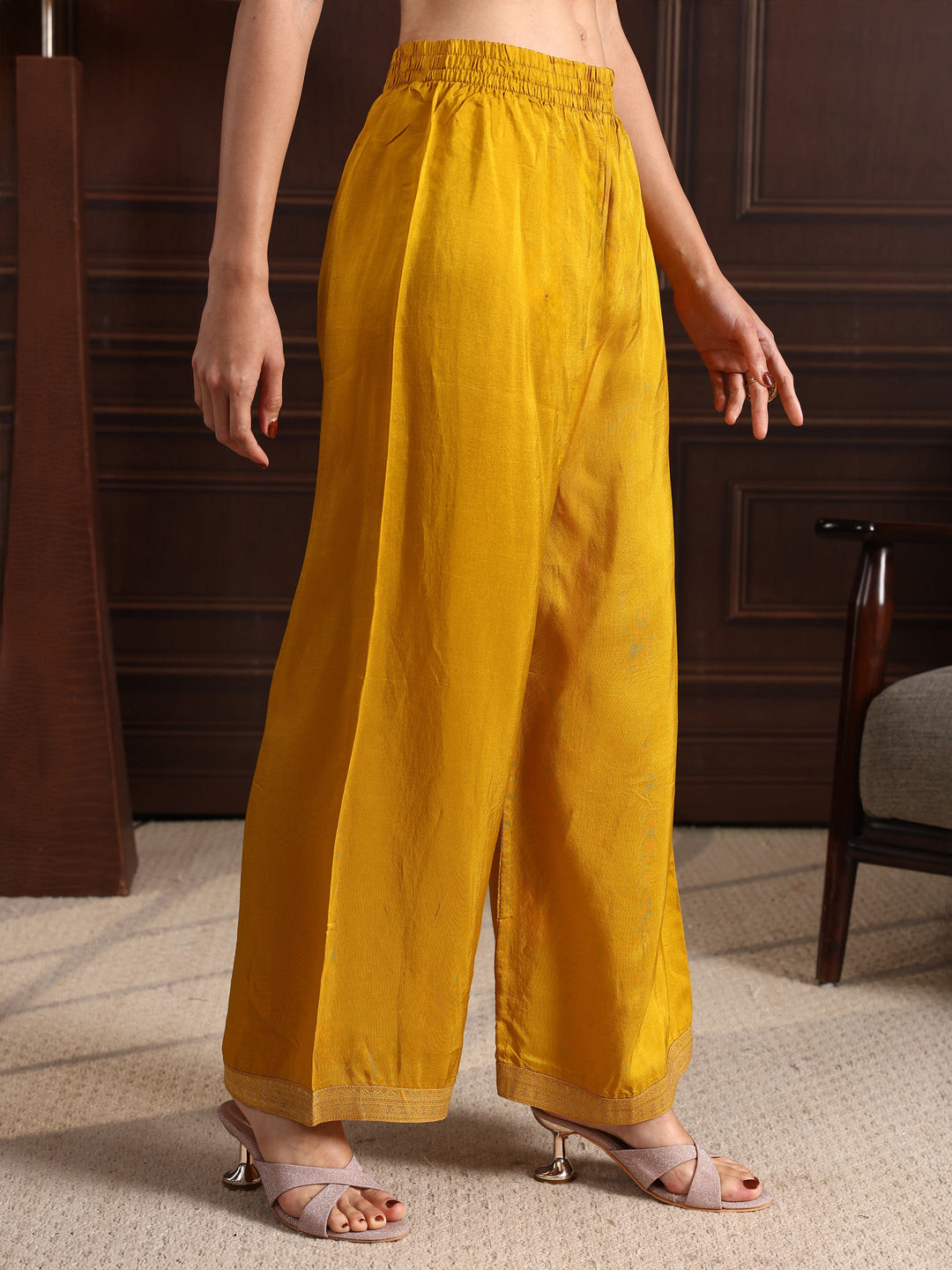  Libas Mustard Strappy Floral Embroidered Tissue Palazzo Suit Set 
