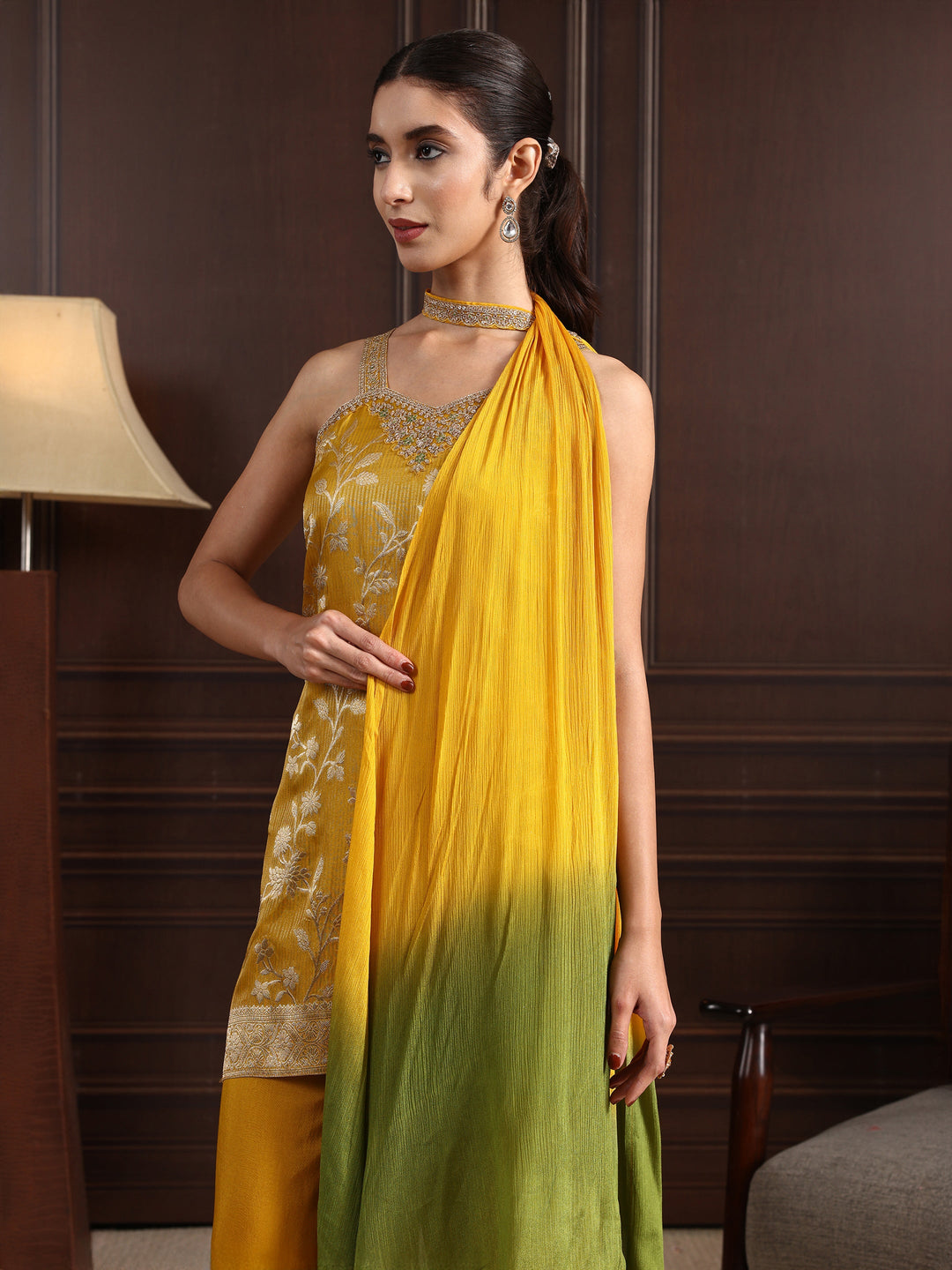  Libas Mustard Strappy Floral Embroidered Tissue Palazzo Suit Set 
