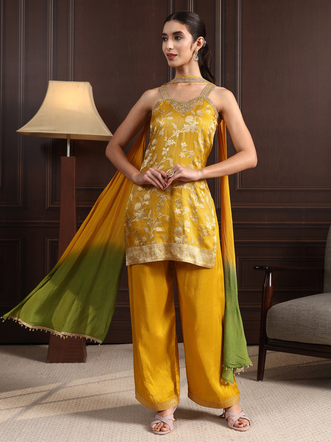  Libas Mustard Strappy Floral Embroidered Tissue Palazzo Suit Set 
