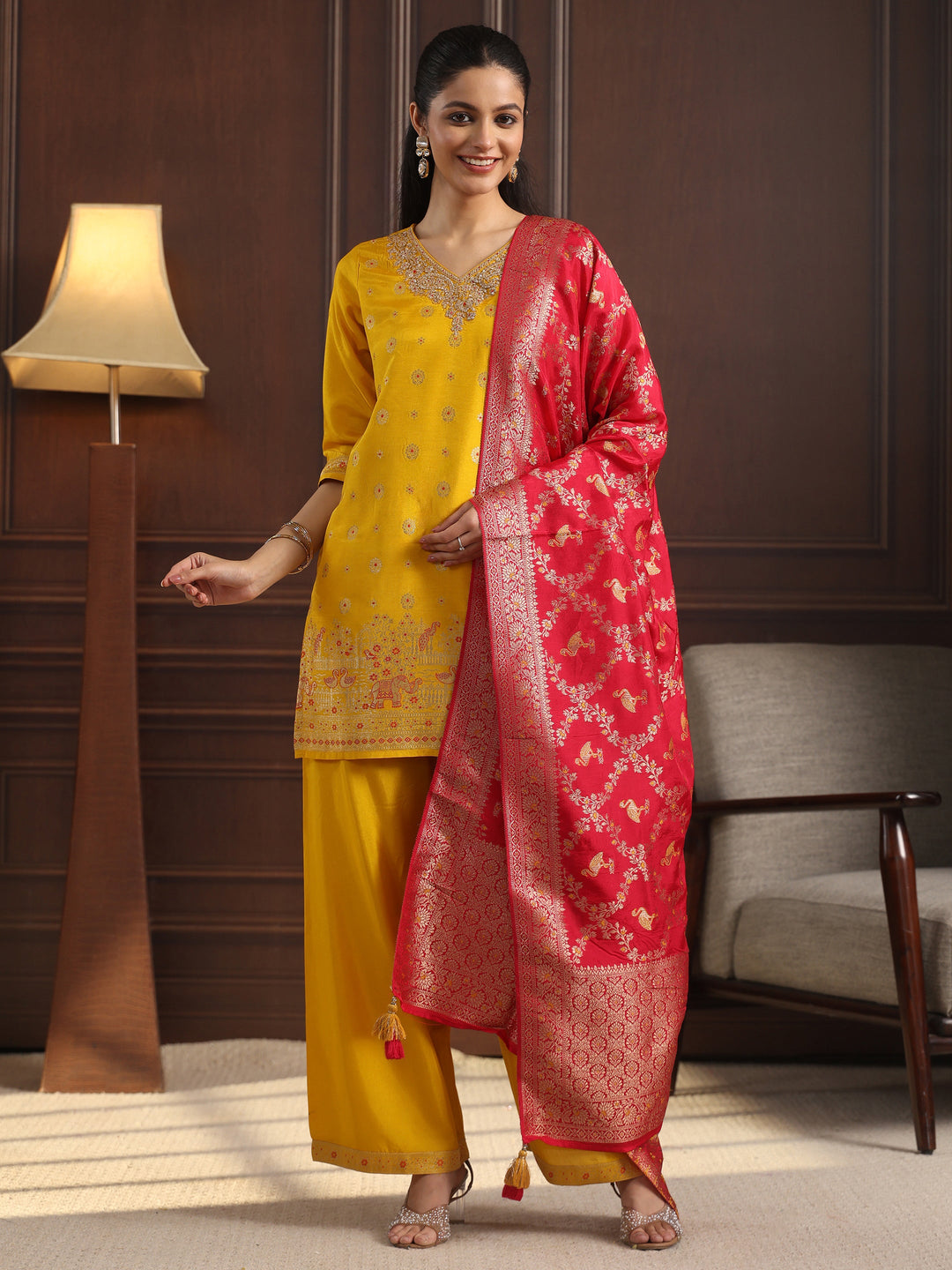  Libas Mustard Woven Design Silk Blend Palazzo Suit Set 