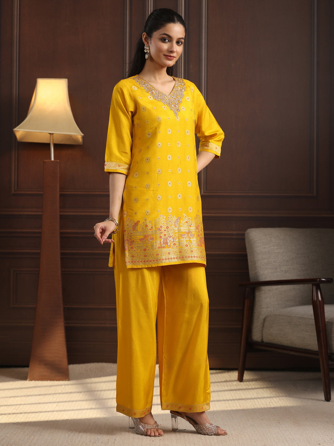  Libas Mustard Woven Design Silk Blend Palazzo Suit Set 