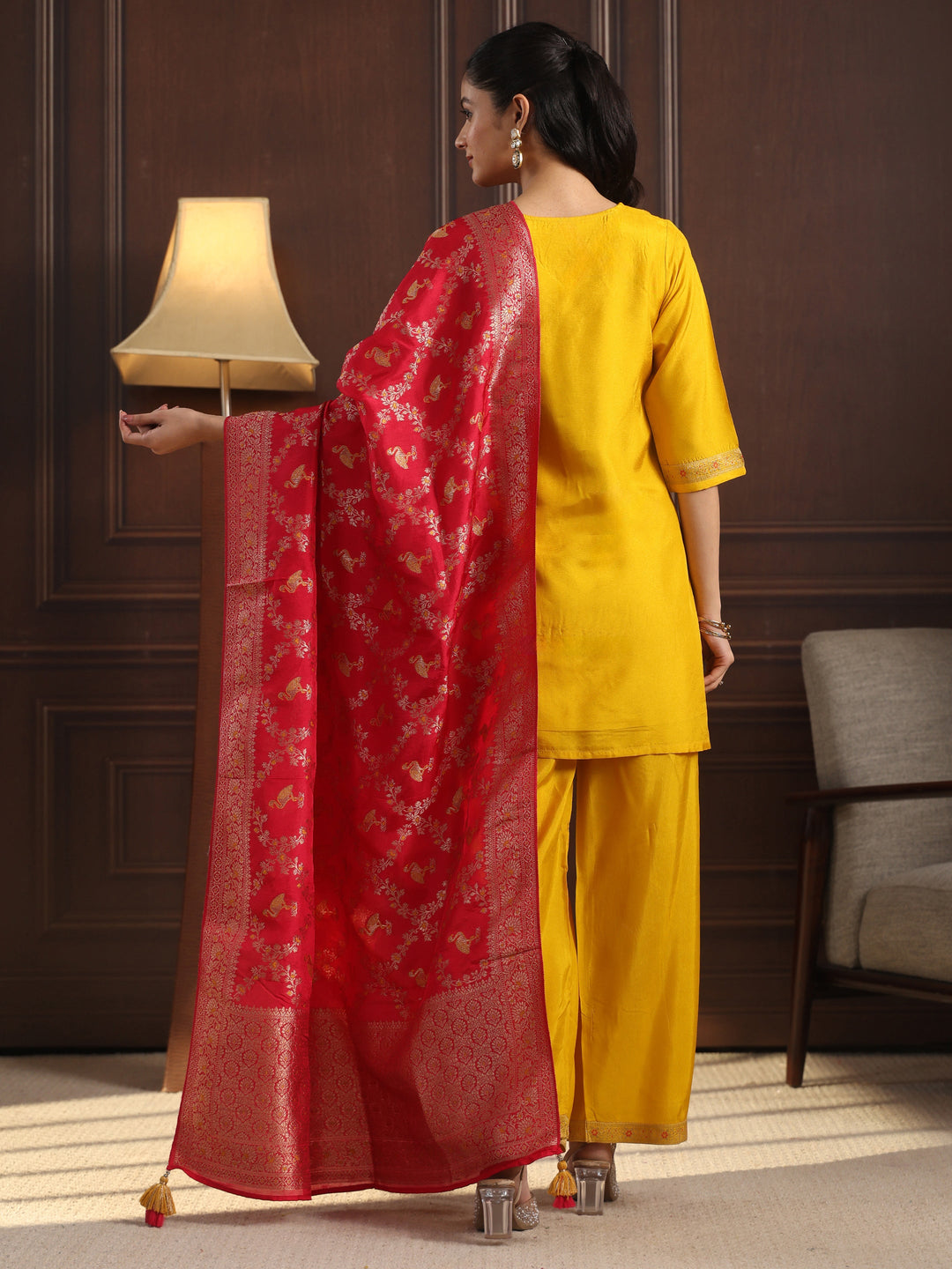  Libas Mustard Woven Design Silk Blend Palazzo Suit Set 