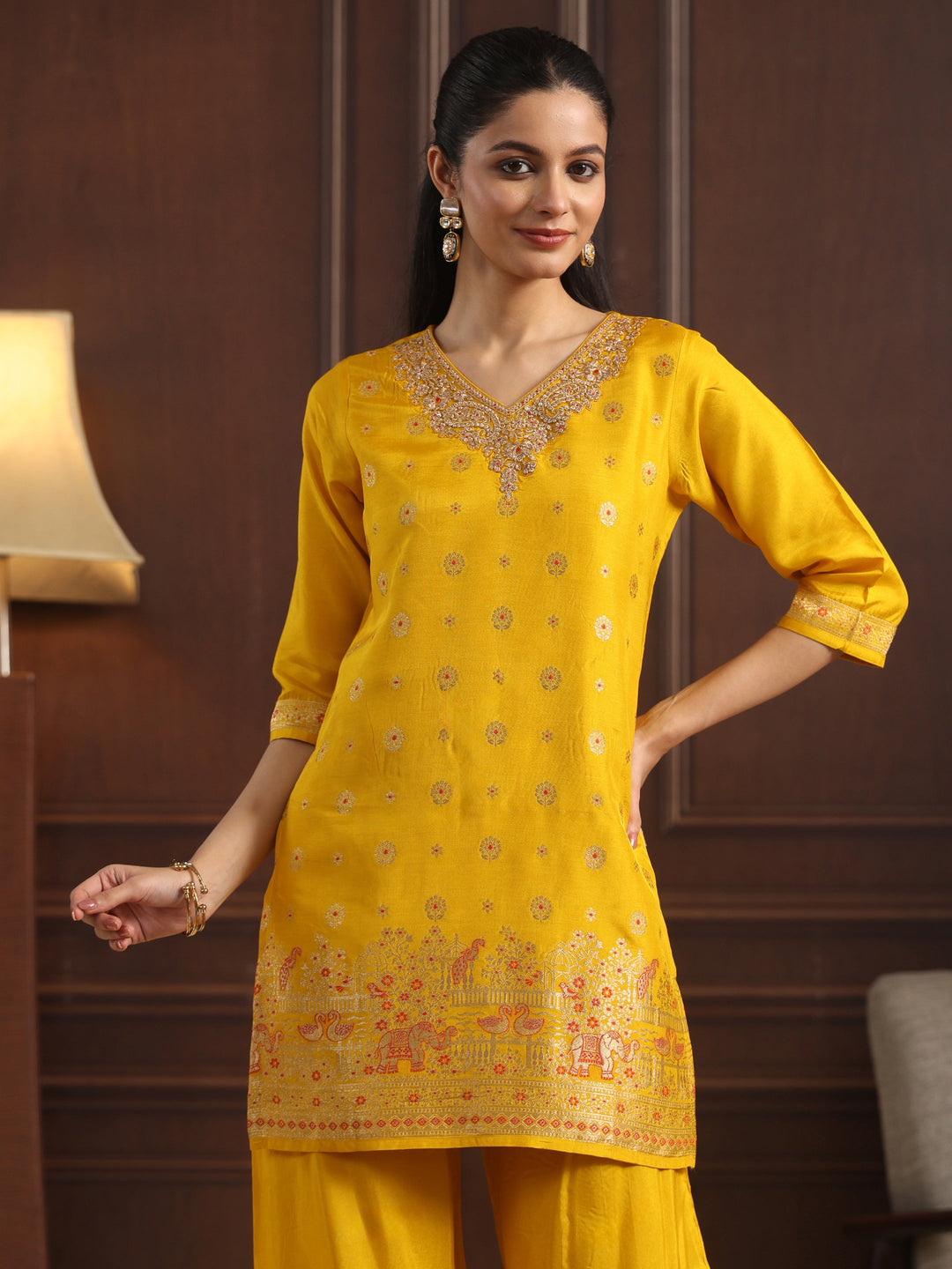  Libas Mustard Woven Design Silk Blend Palazzo Suit Set 