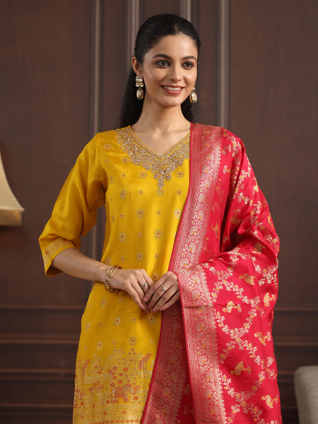  Libas Mustard Woven Design Silk Blend Palazzo Suit Set 