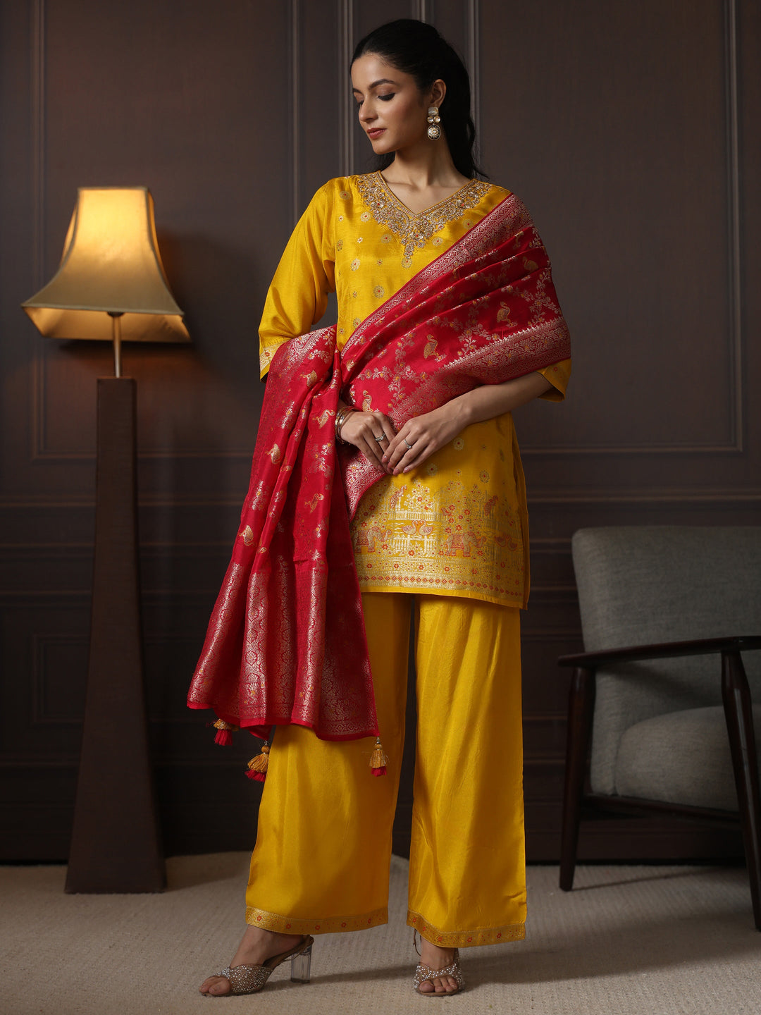  Libas Mustard Woven Design Silk Blend Palazzo Suit Set 