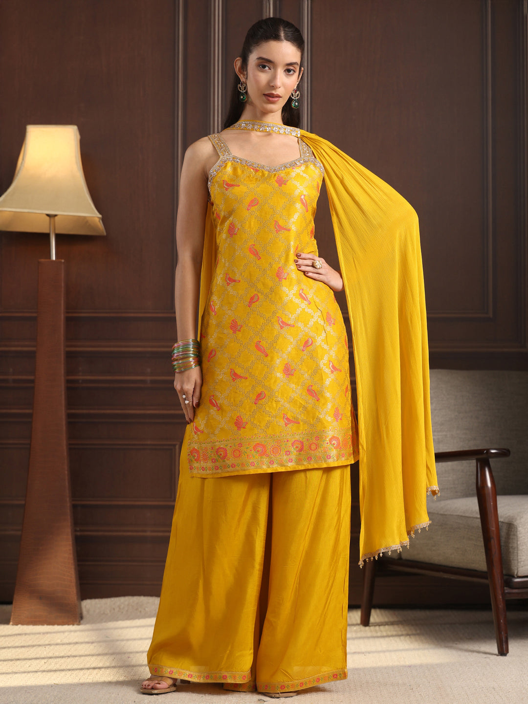  Libas Mustard Strappy Woven Design Silk Blend Palazzo Suit Set 
