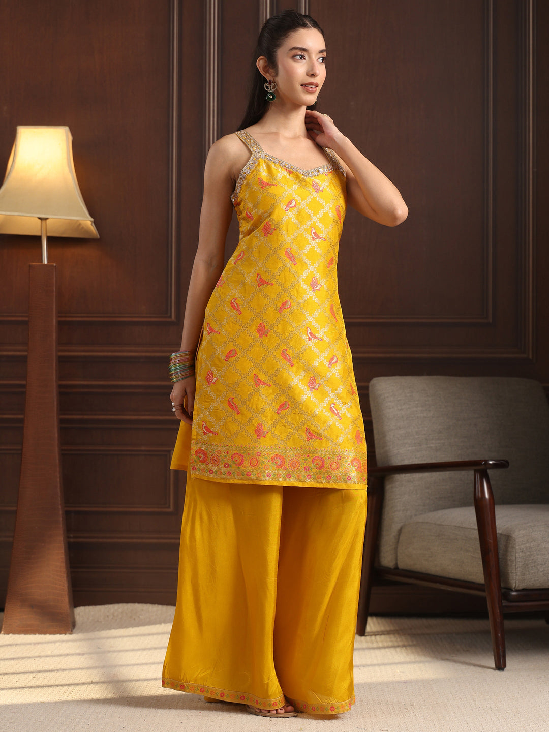  Libas Mustard Strappy Woven Design Silk Blend Palazzo Suit Set 