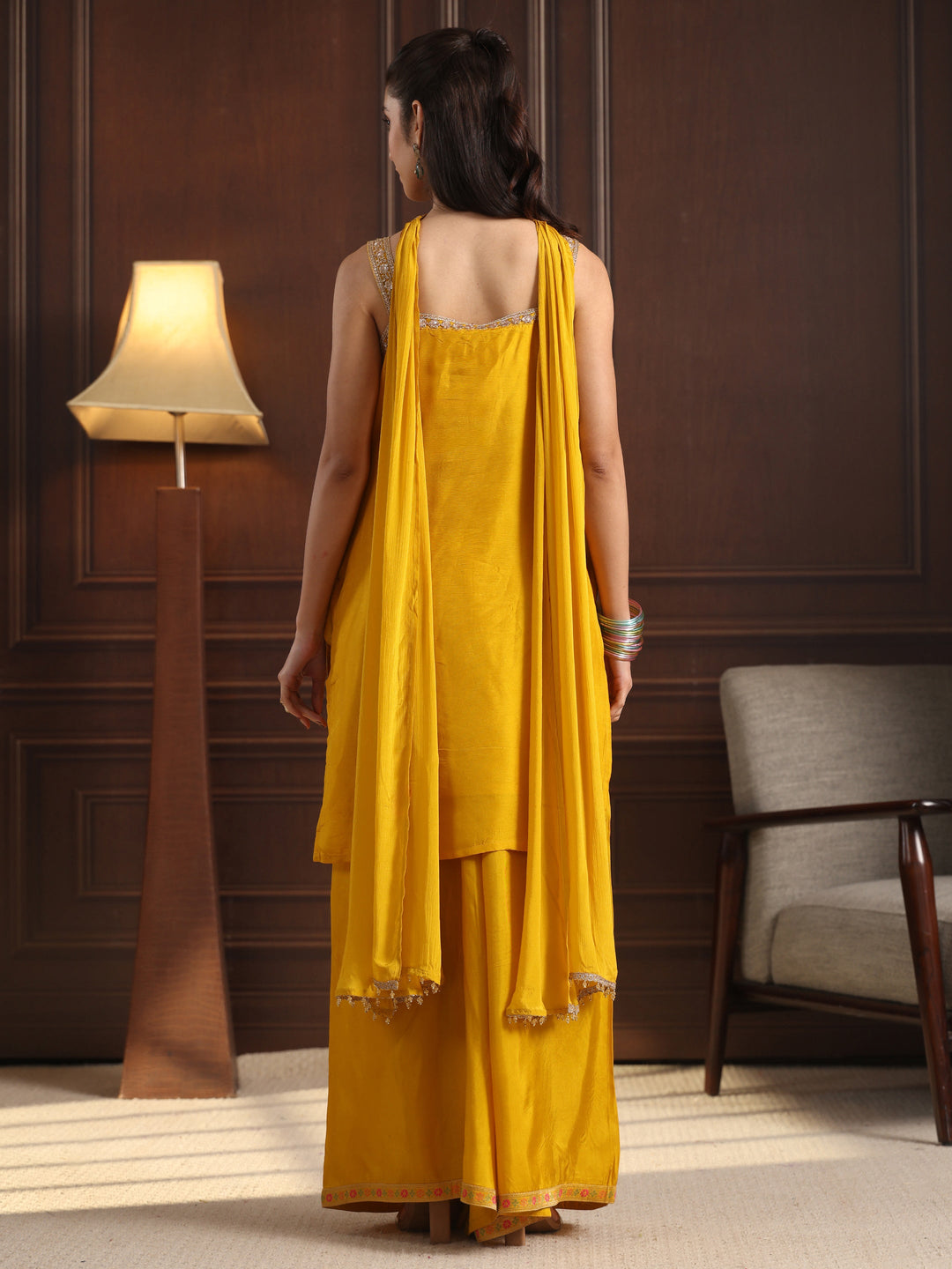  Libas Mustard Strappy Woven Design Silk Blend Palazzo Suit Set 