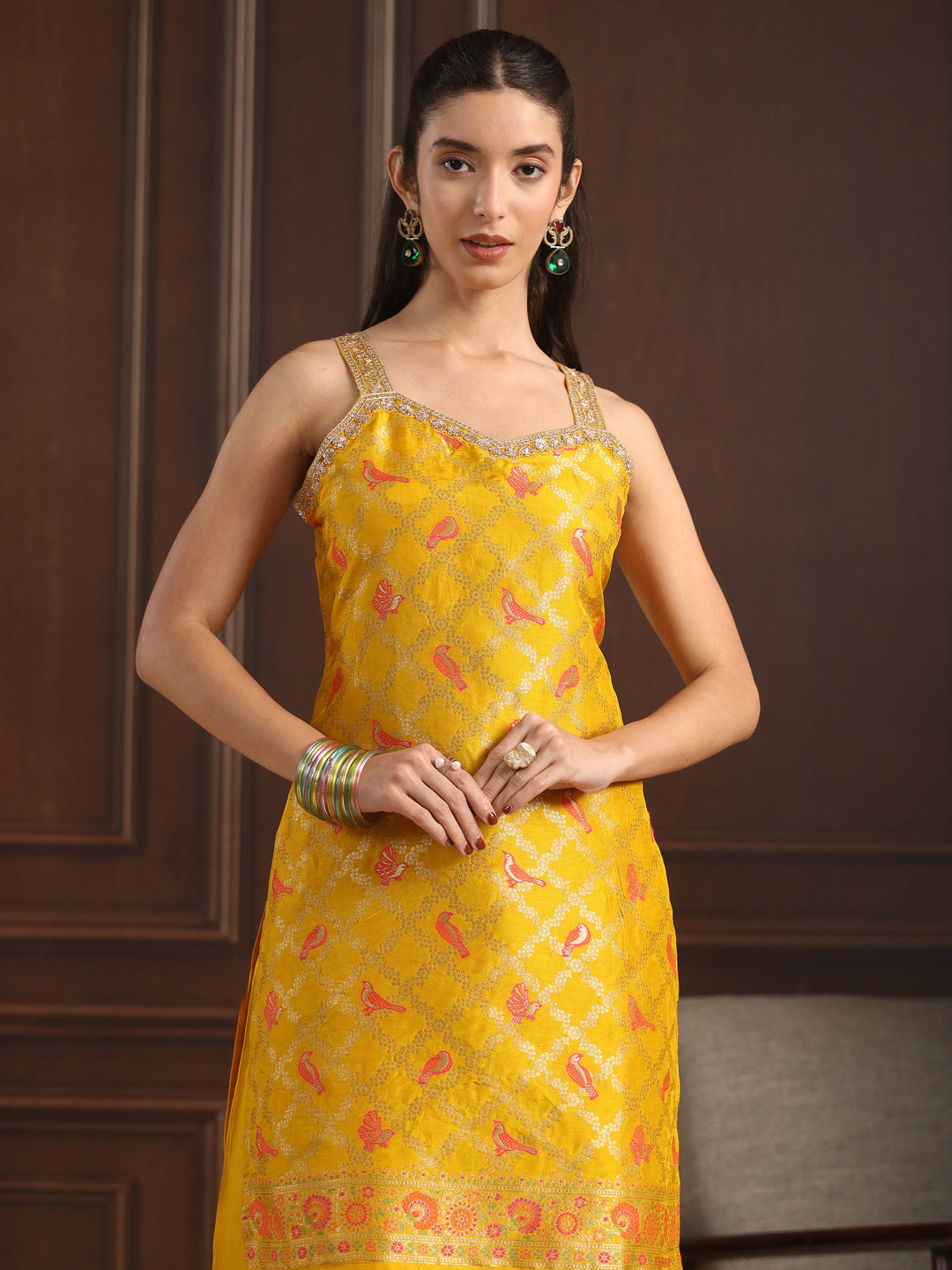  Libas Mustard Strappy Woven Design Silk Blend Palazzo Suit Set 
