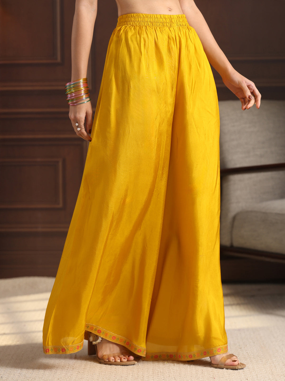  Libas Mustard Strappy Woven Design Silk Blend Palazzo Suit Set 
