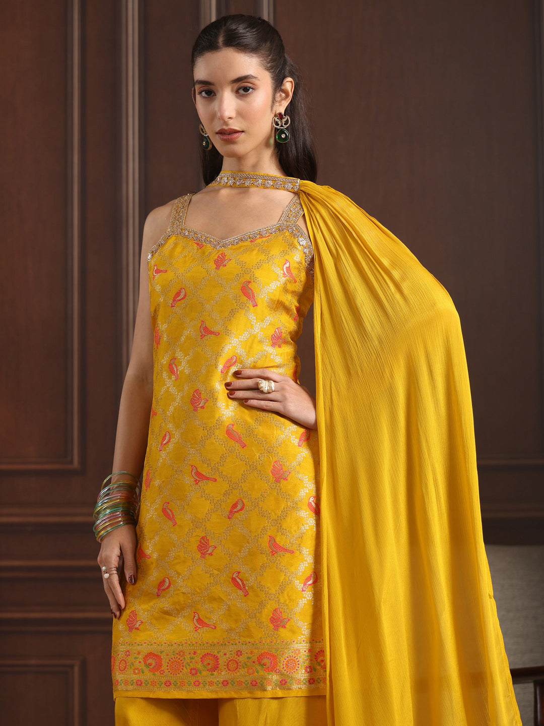  Libas Mustard Strappy Woven Design Silk Blend Palazzo Suit Set 