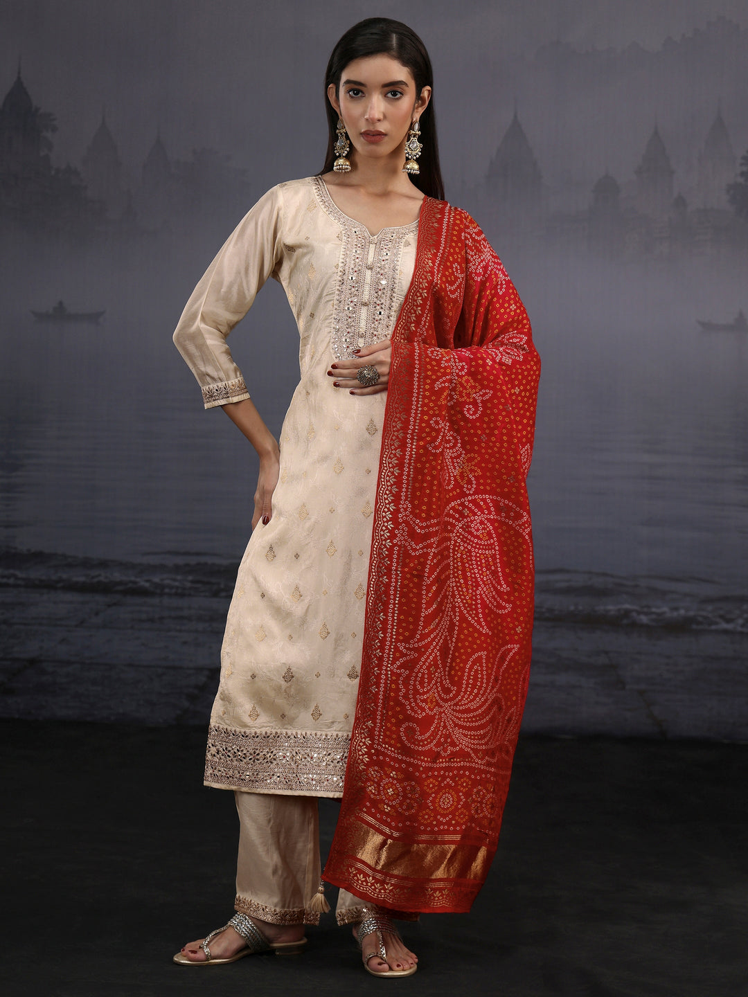  Libas Off White Woven Design Silk Blend Straight Suit Set 