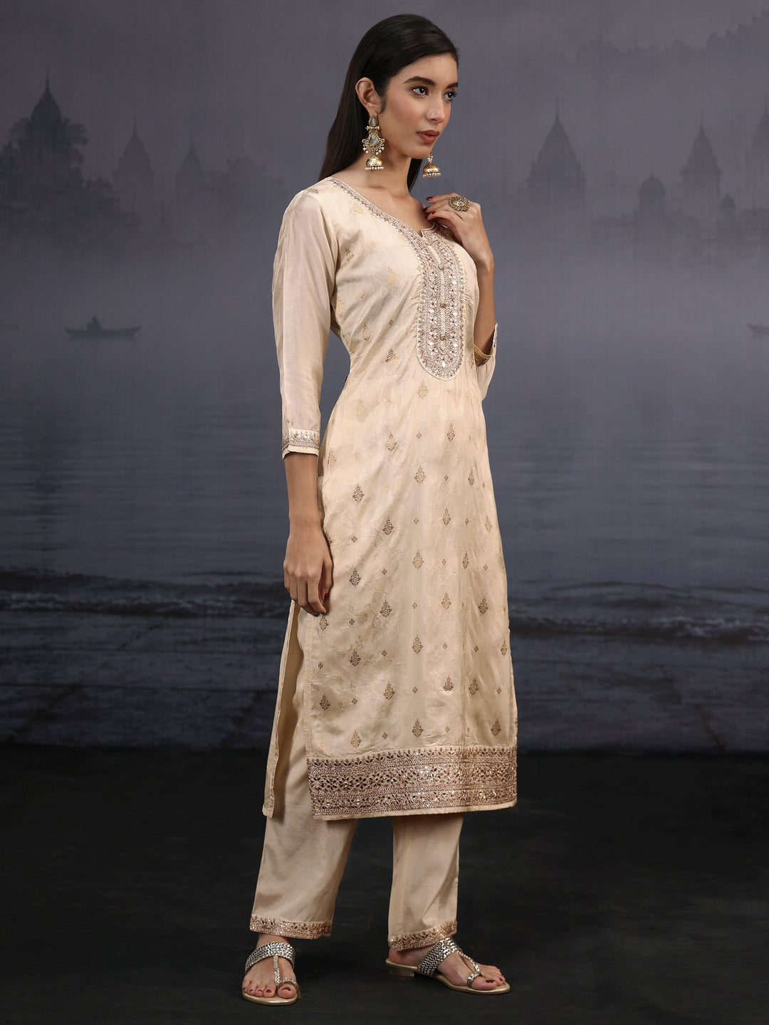  Libas Off White Woven Design Silk Blend Straight Suit Set 