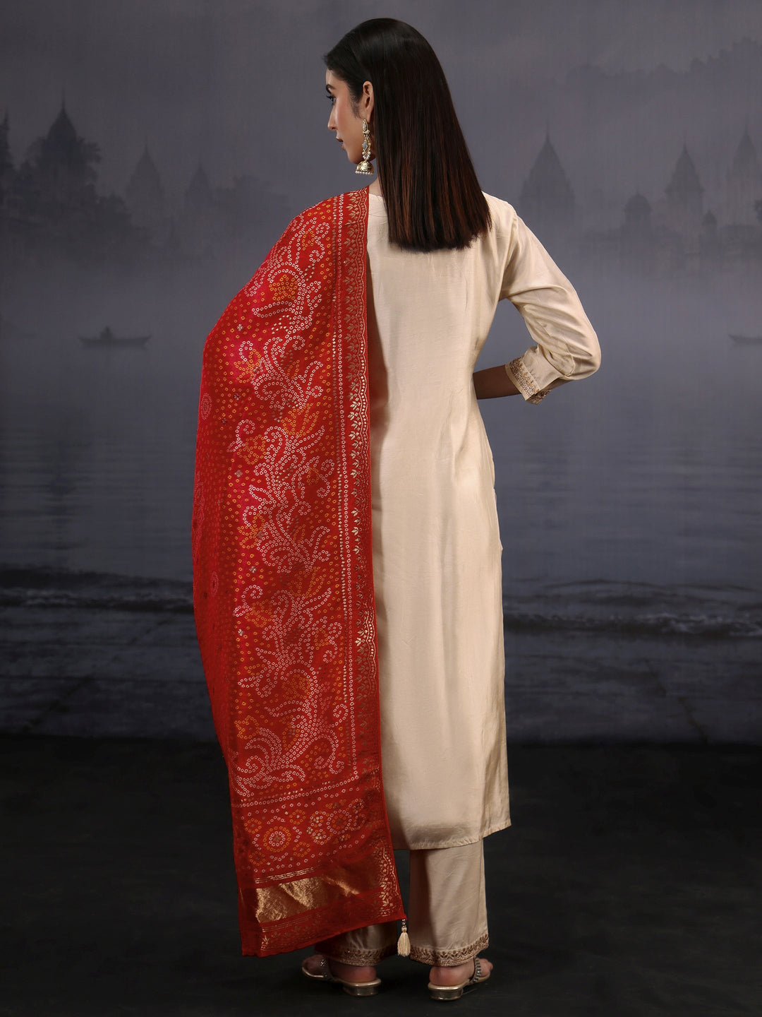  Libas Off White Woven Design Silk Blend Straight Suit Set 