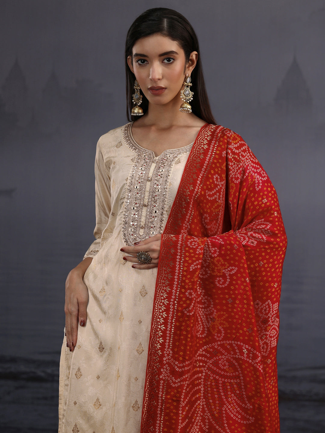  Libas Off White Woven Design Silk Blend Straight Suit Set 