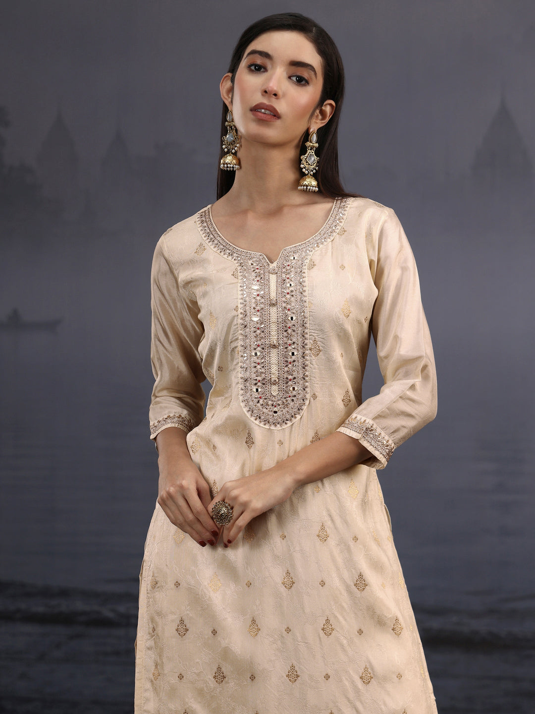  Libas Off White Woven Design Silk Blend Straight Suit Set 