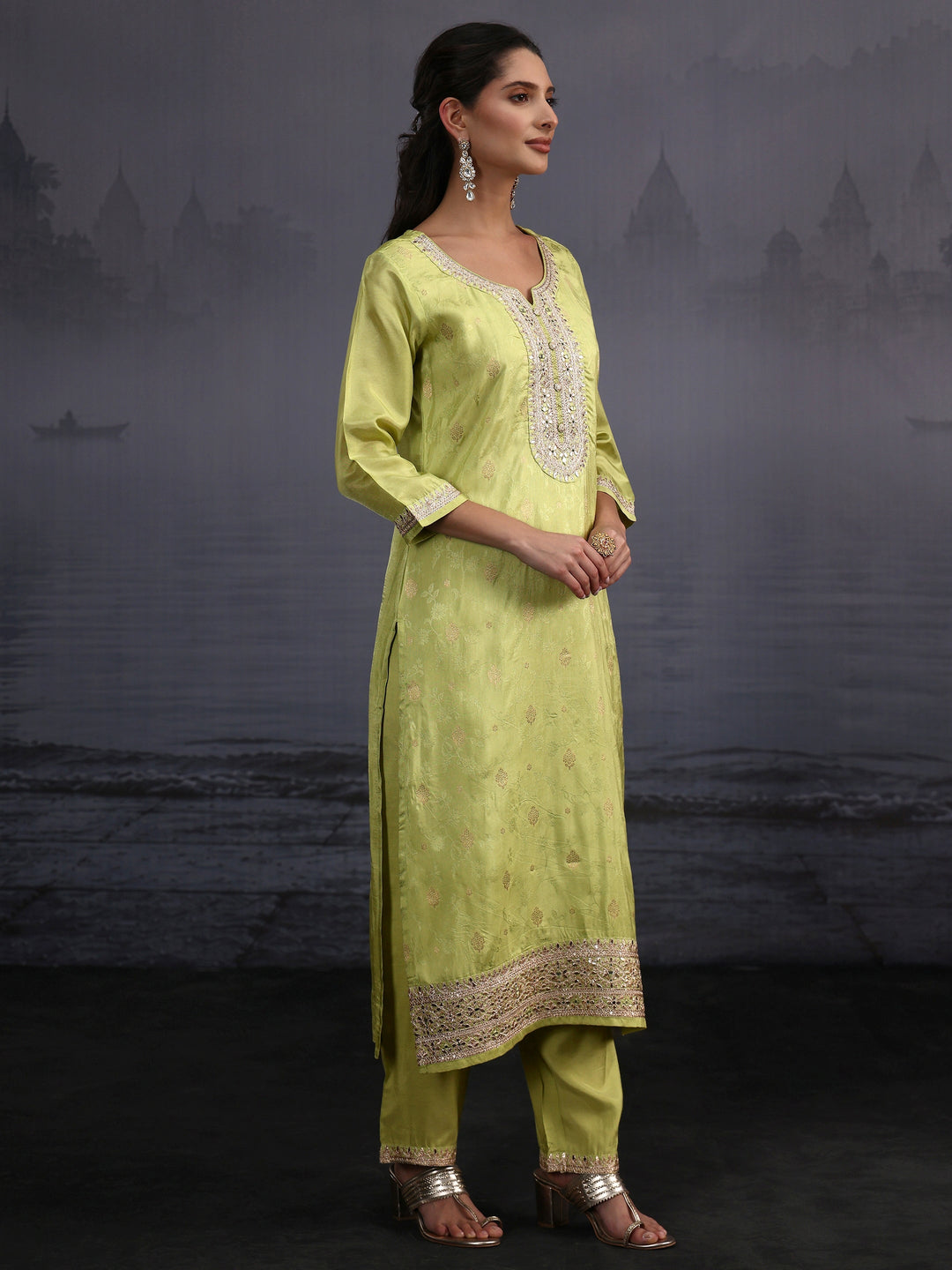  Libas Pista Green Woven Design Silk Blend Straight Suit Set 