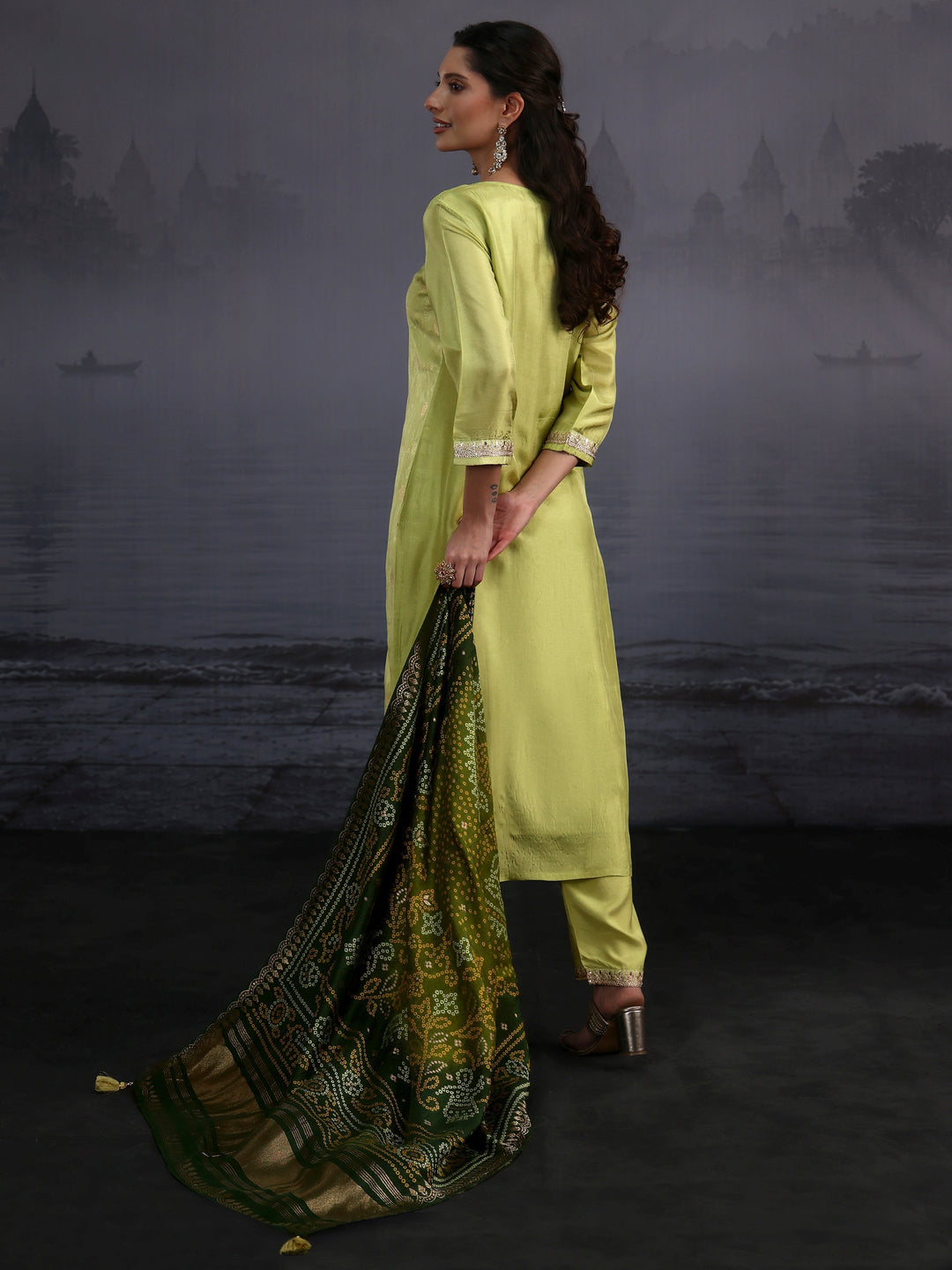  Libas Pista Green Woven Design Silk Blend Straight Suit Set 