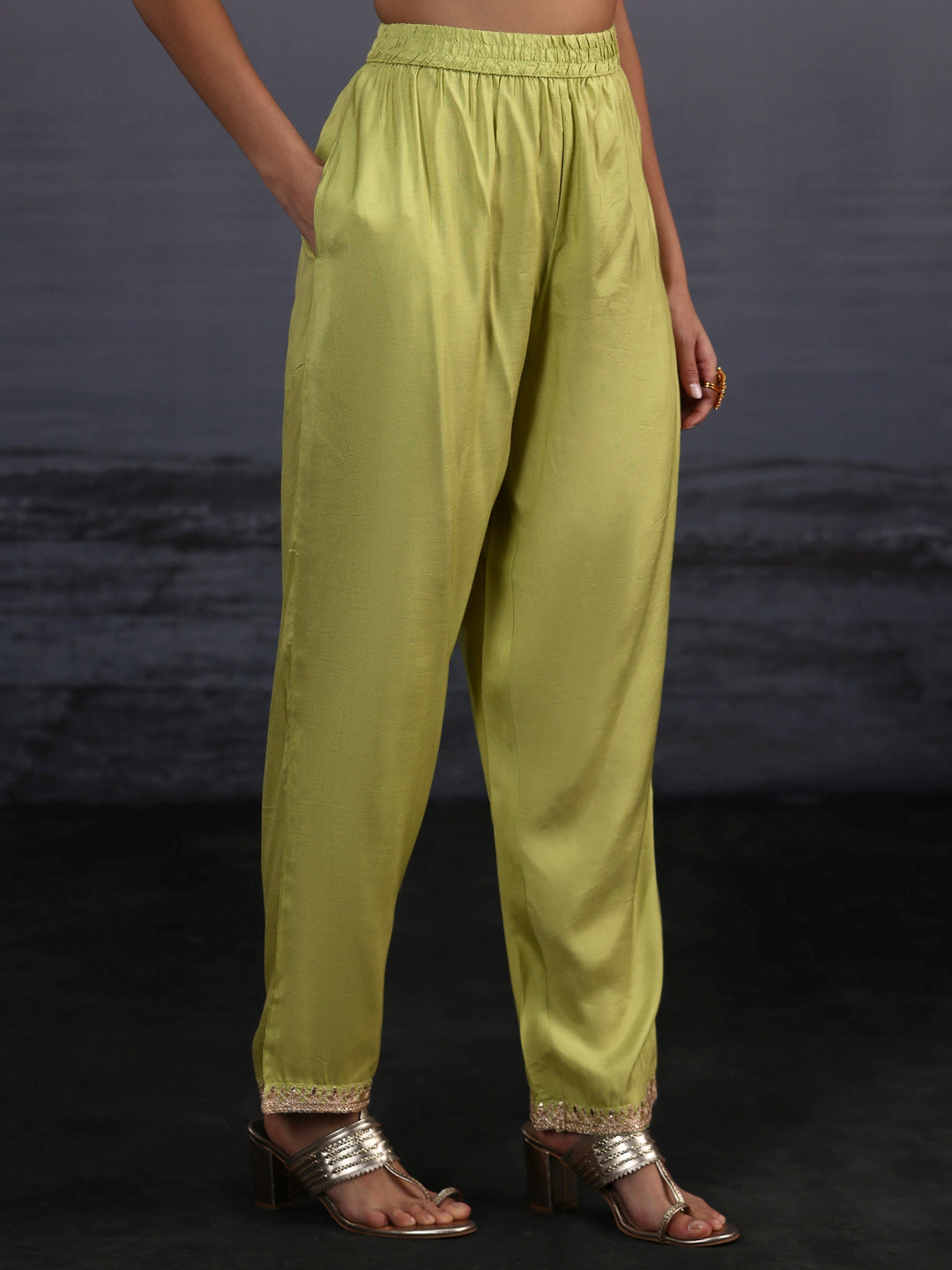  Libas Pista Green Woven Design Silk Blend Straight Suit Set 