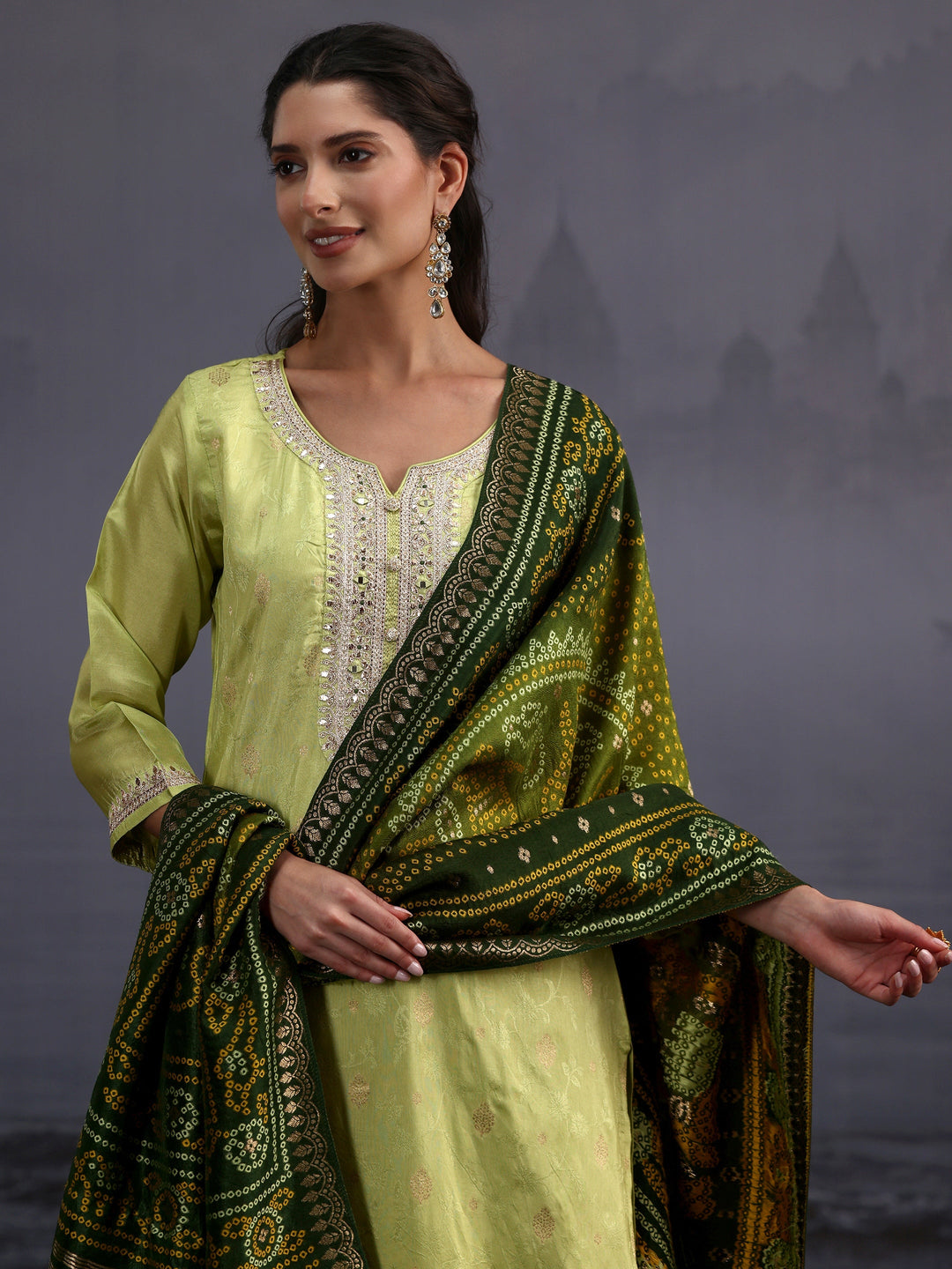  Libas Pista Green Woven Design Silk Blend Straight Suit Set 