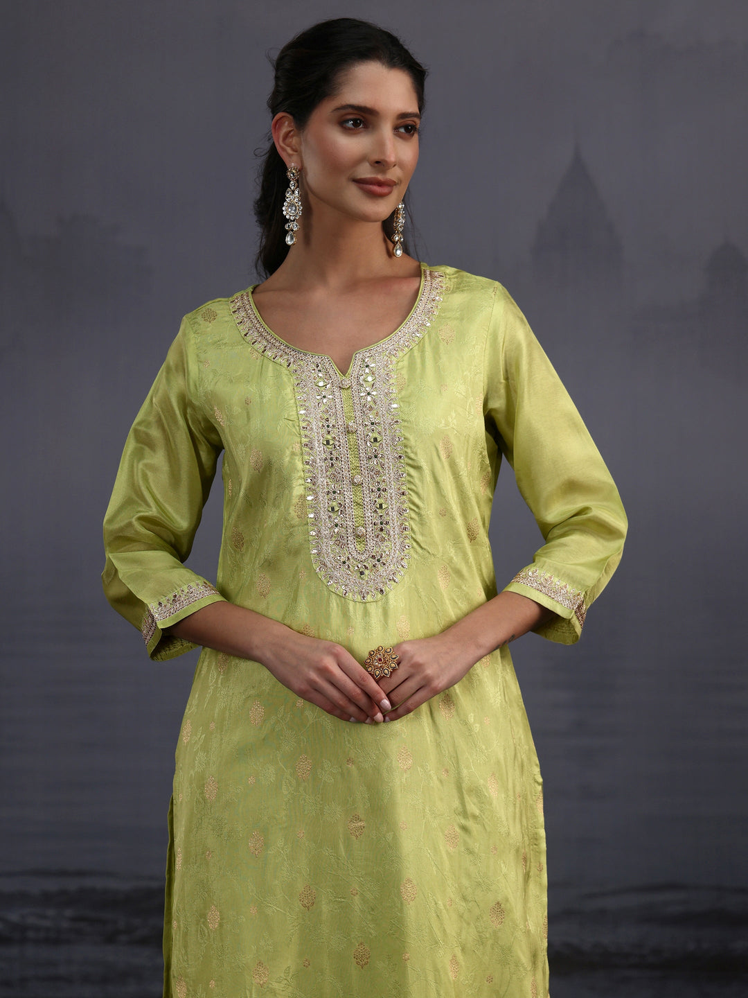  Libas Pista Green Woven Design Silk Blend Straight Suit Set 