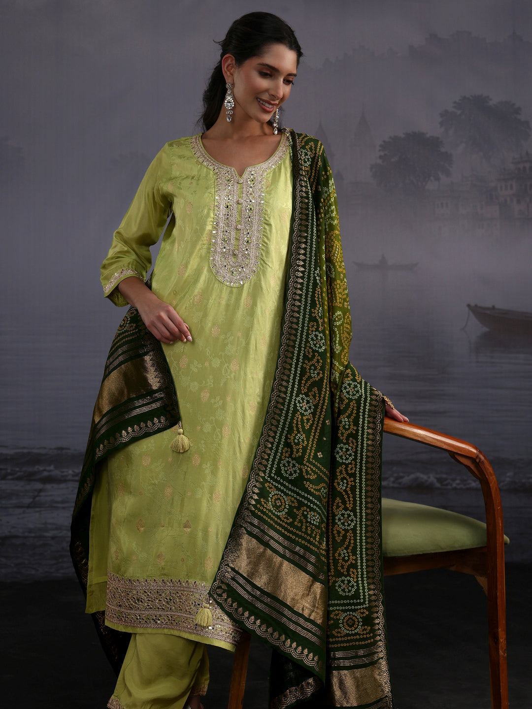  Libas Pista Green Woven Design Silk Blend Straight Suit Set 