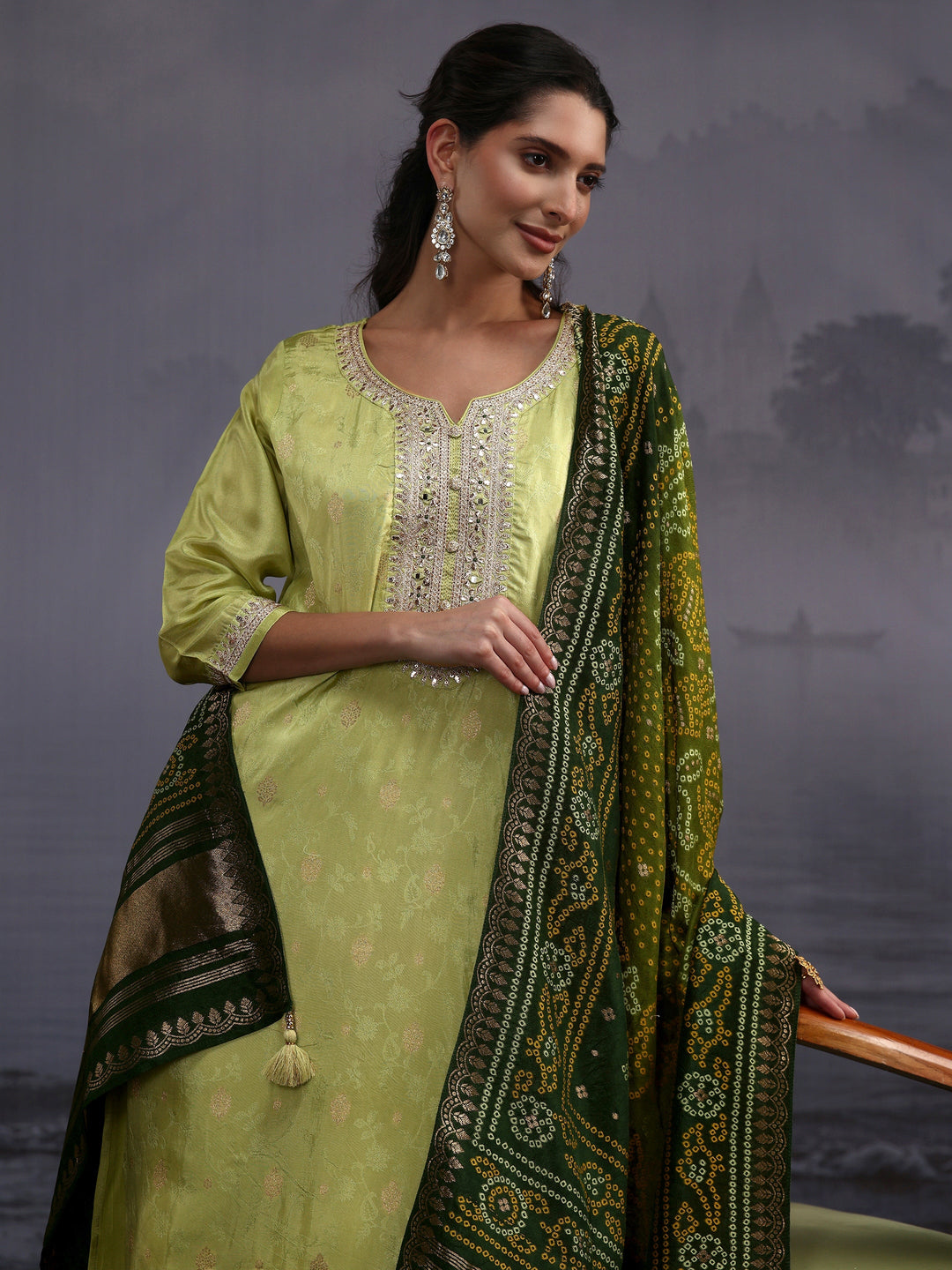  Libas Pista Green Woven Design Silk Blend Straight Suit Set 