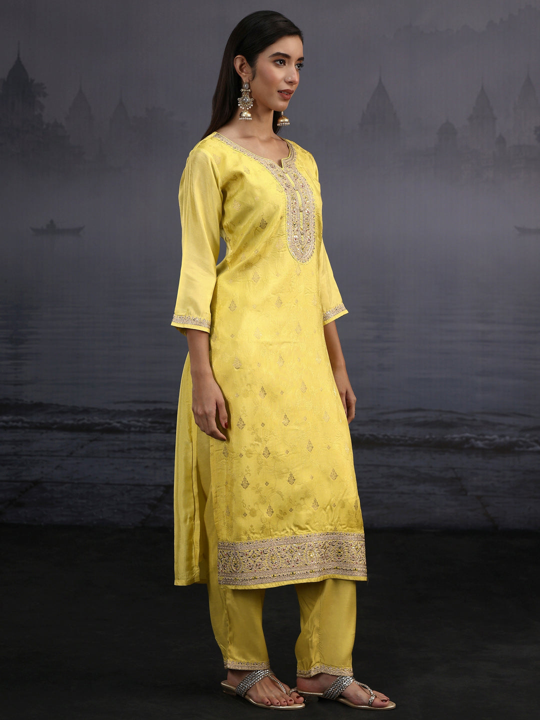  Libas Yellow Woven Design Silk Blend Straight Suit Set 