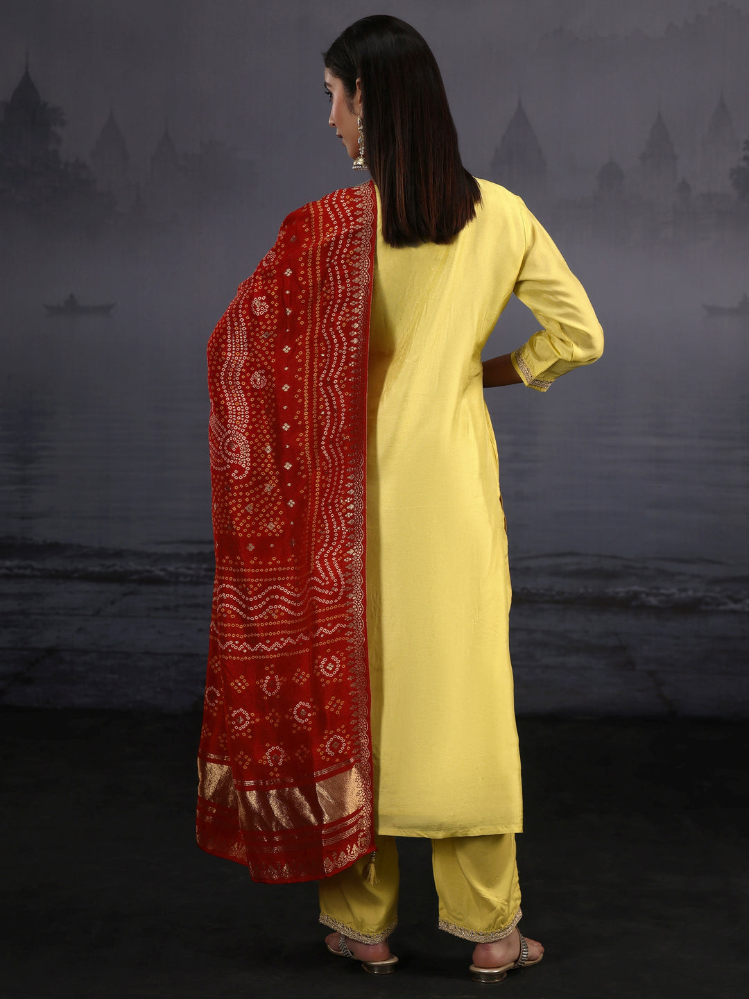  Libas Yellow Woven Design Silk Blend Straight Suit Set 