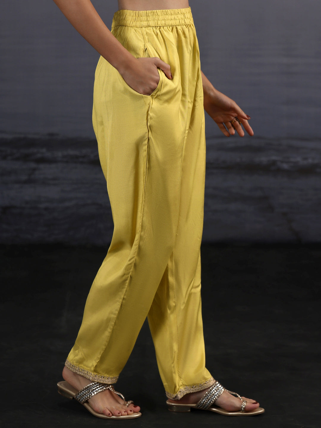  Libas Yellow Woven Design Silk Blend Straight Suit Set 