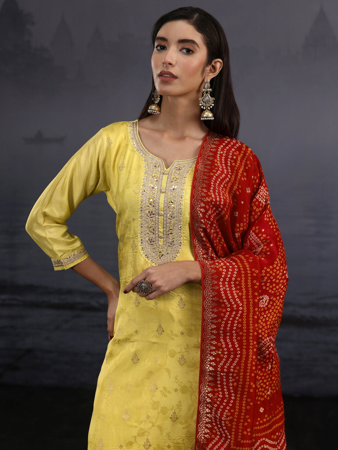 Libas Yellow Woven Design Silk Blend Straight Suit Set 