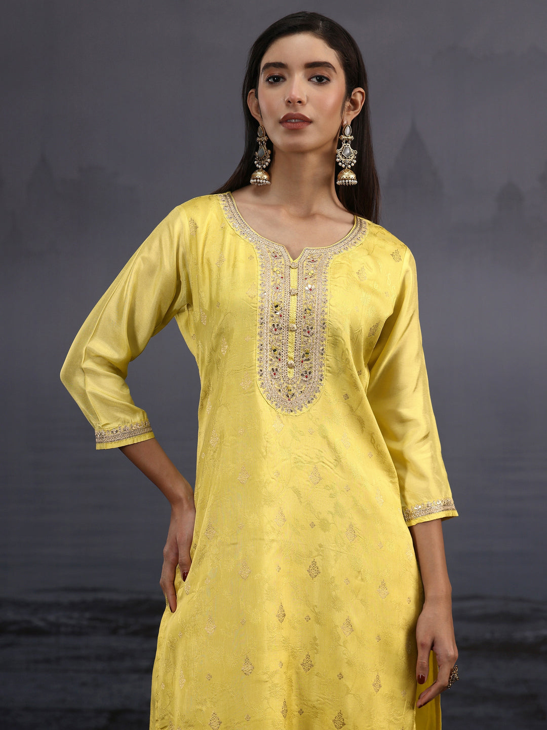 Libas Yellow Woven Design Silk Blend Straight Suit Set 