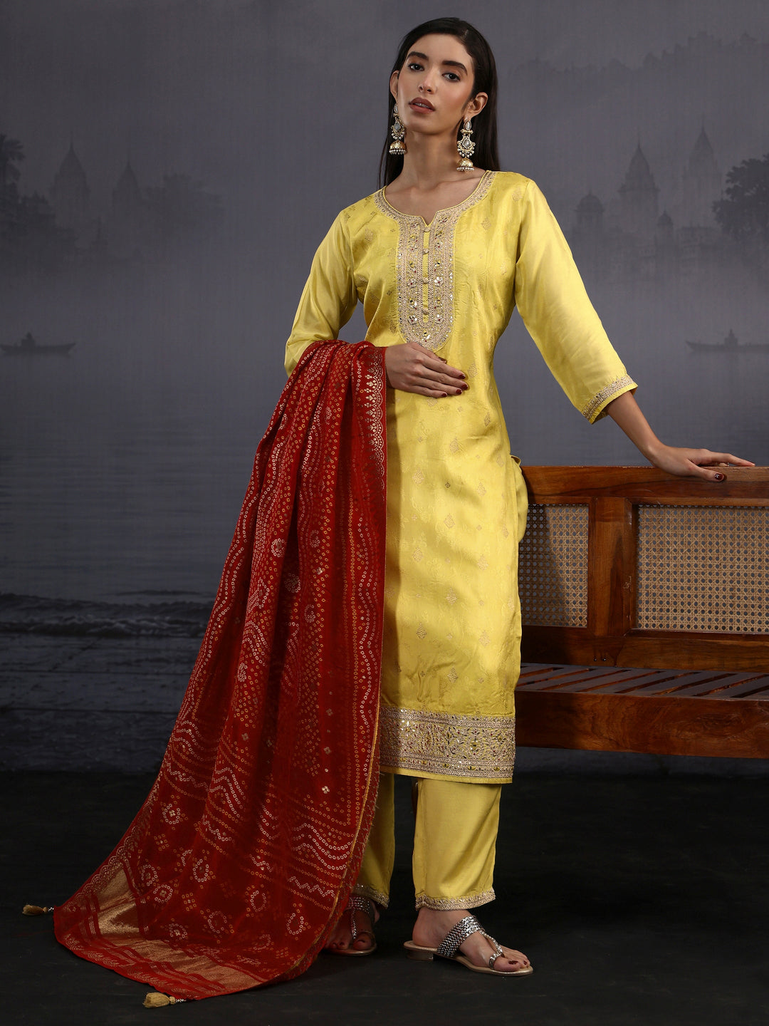  Libas Yellow Woven Design Silk Blend Straight Suit Set 