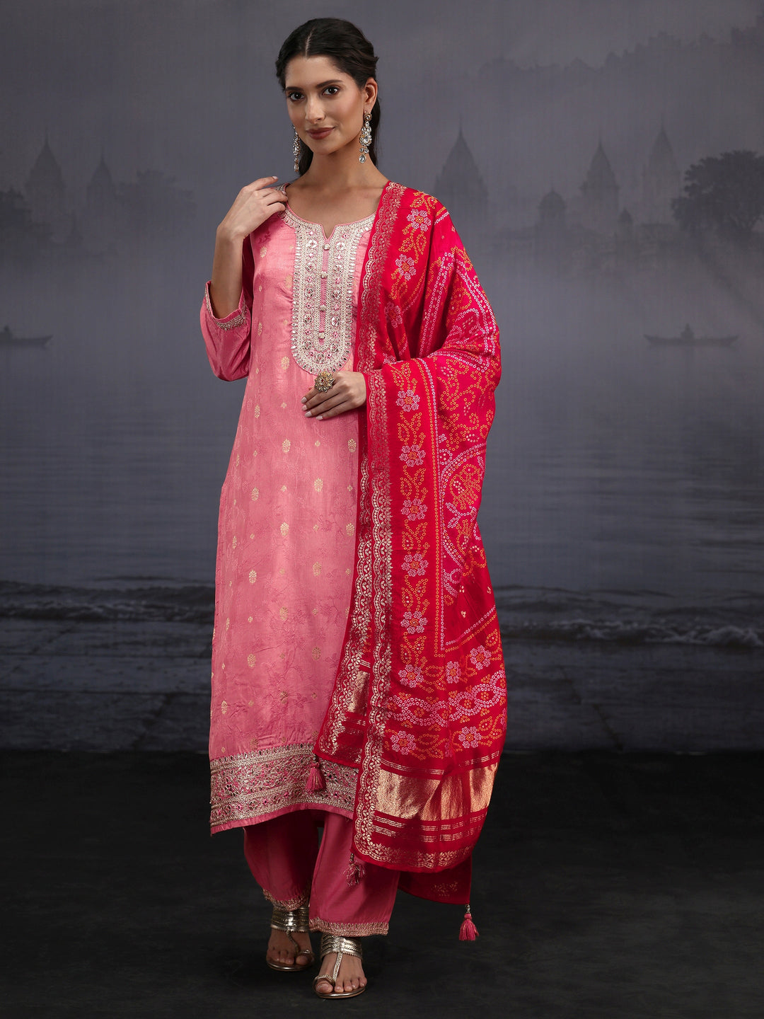  Libas Rose Pink Woven Design Silk Blend Straight Suit Set 