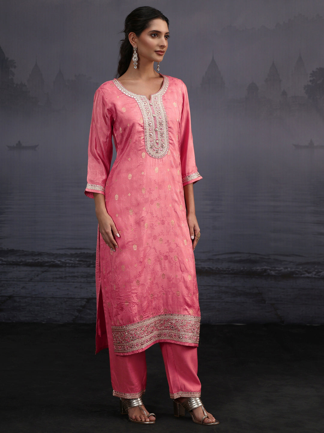  Libas Rose Pink Woven Design Silk Blend Straight Suit Set 