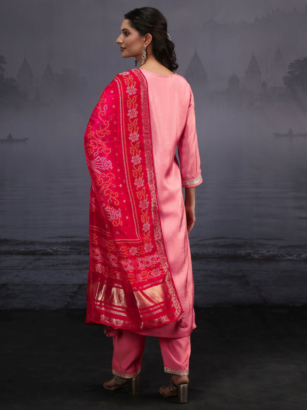  Libas Rose Pink Woven Design Silk Blend Straight Suit Set 