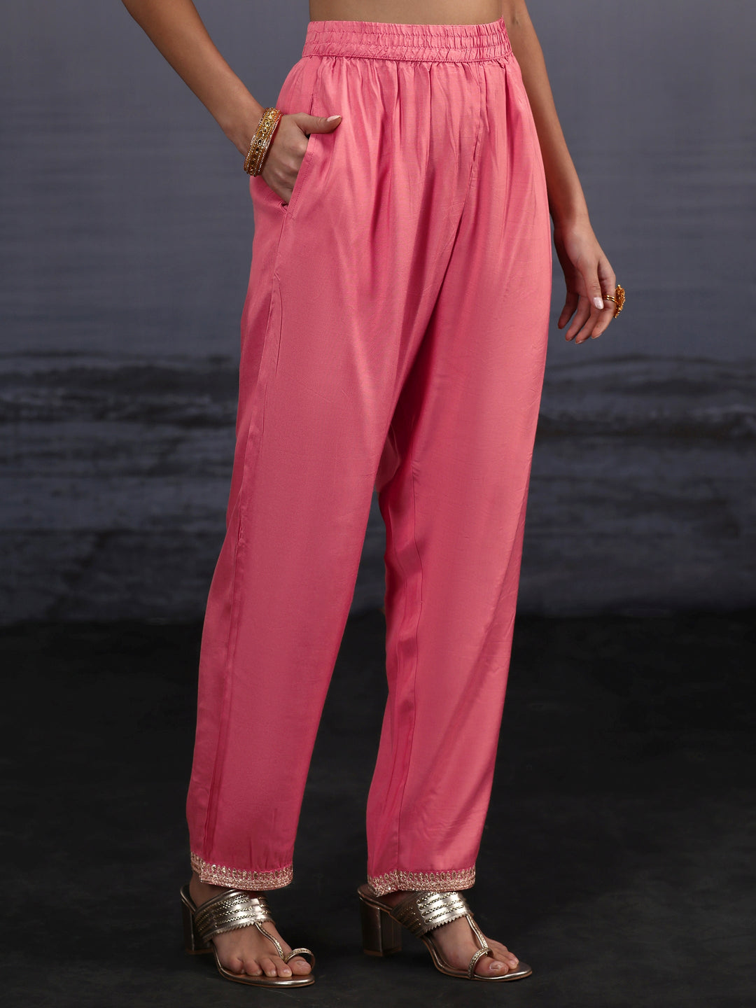  Libas Rose Pink Woven Design Silk Blend Straight Suit Set 