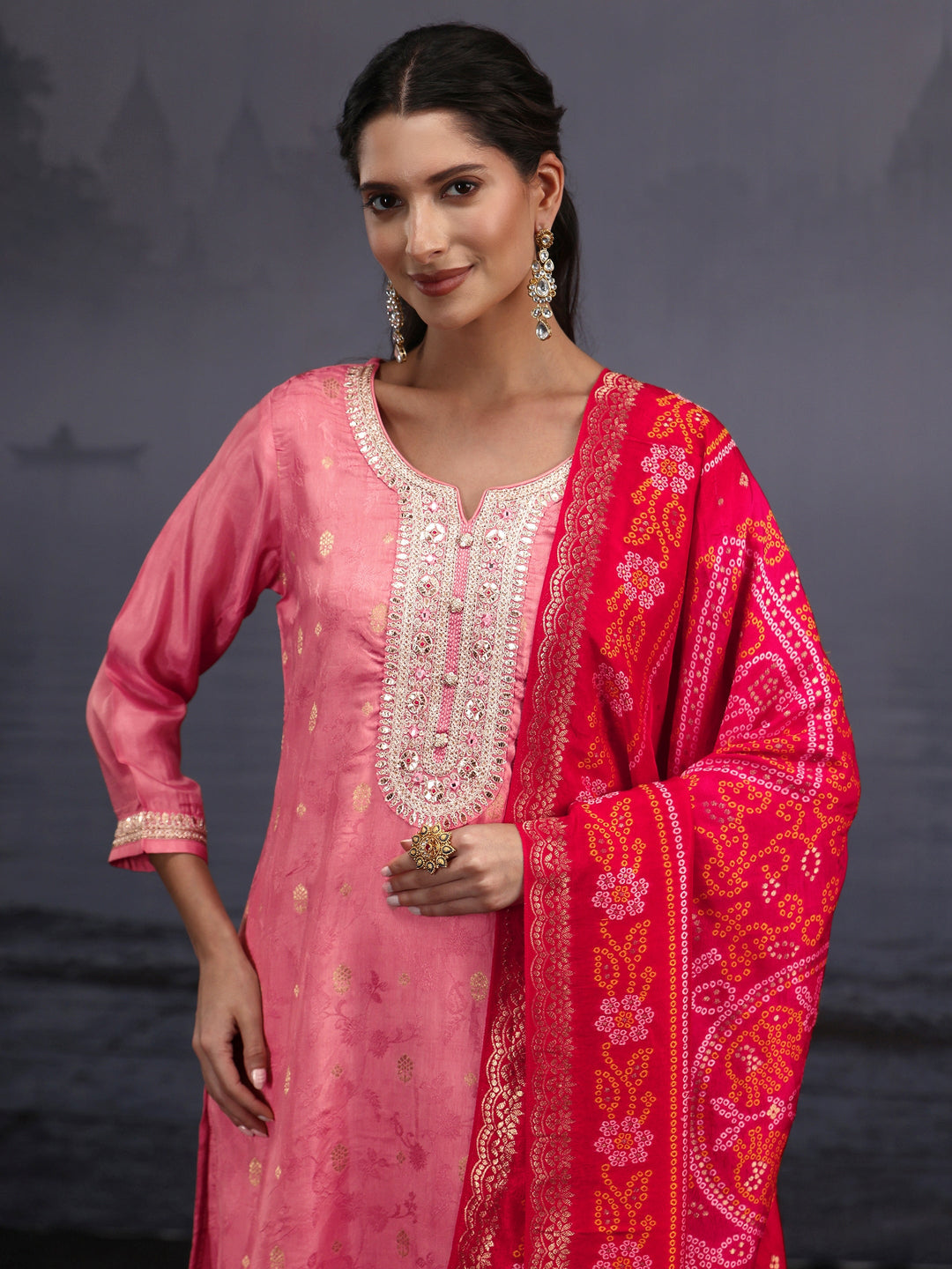  Libas Rose Pink Woven Design Silk Blend Straight Suit Set 