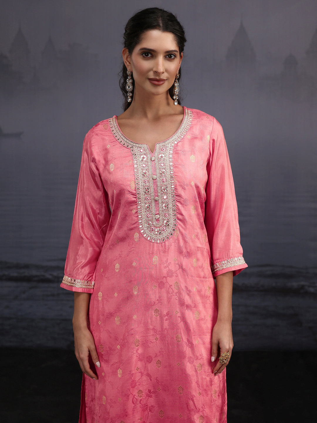  Libas Rose Pink Woven Design Silk Blend Straight Suit Set 