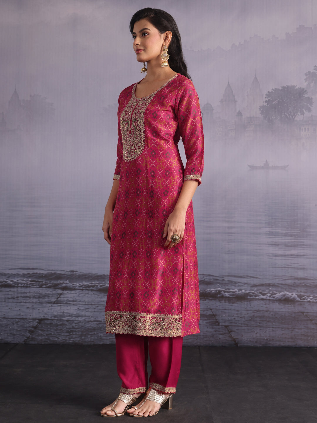  Libas Pink Ethnic Printed Silk Blend Straight Suit Set 