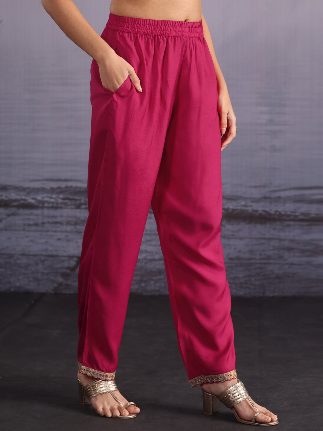  Libas Pink Ethnic Printed Silk Blend Straight Suit Set 