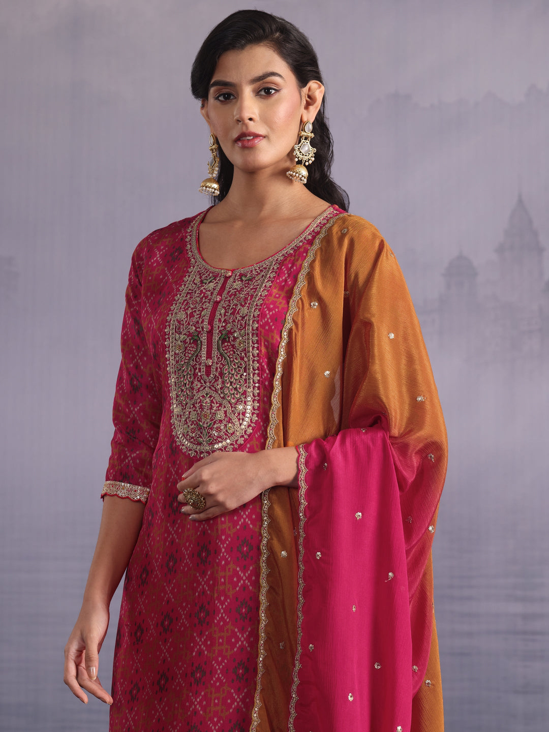  Libas Pink Ethnic Printed Silk Blend Straight Suit Set 