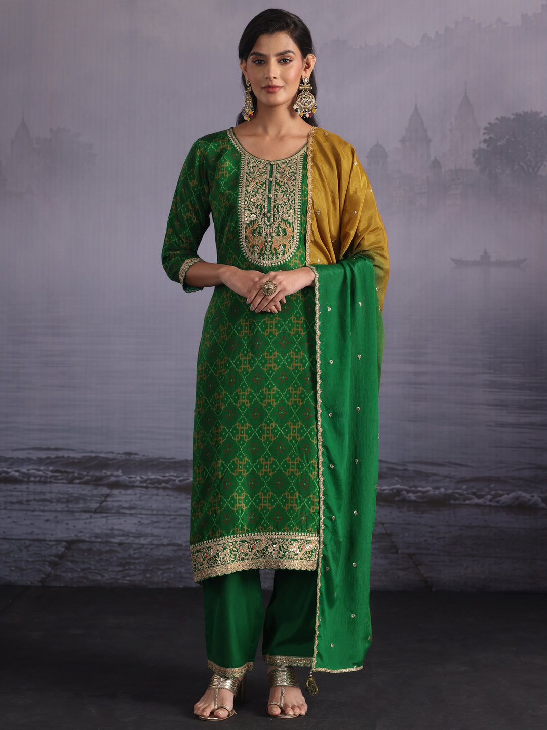  Libas Green Ethnic Printed Silk Blend Straight Suit Set 