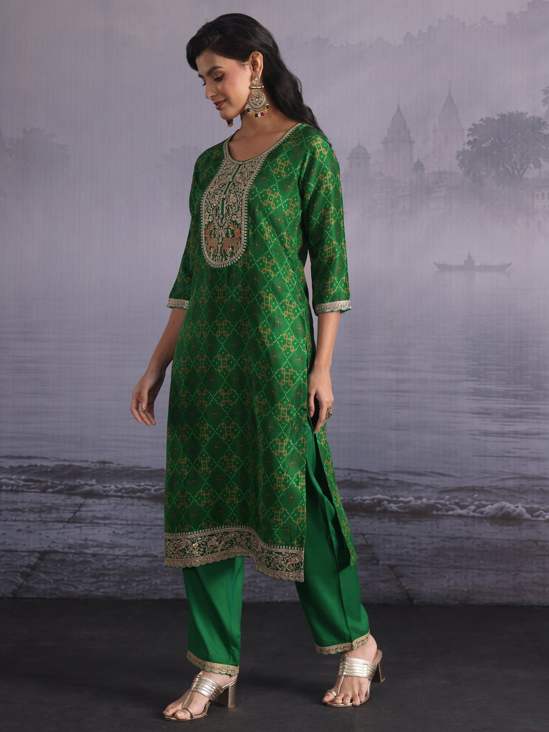  Libas Green Ethnic Printed Silk Blend Straight Suit Set 
