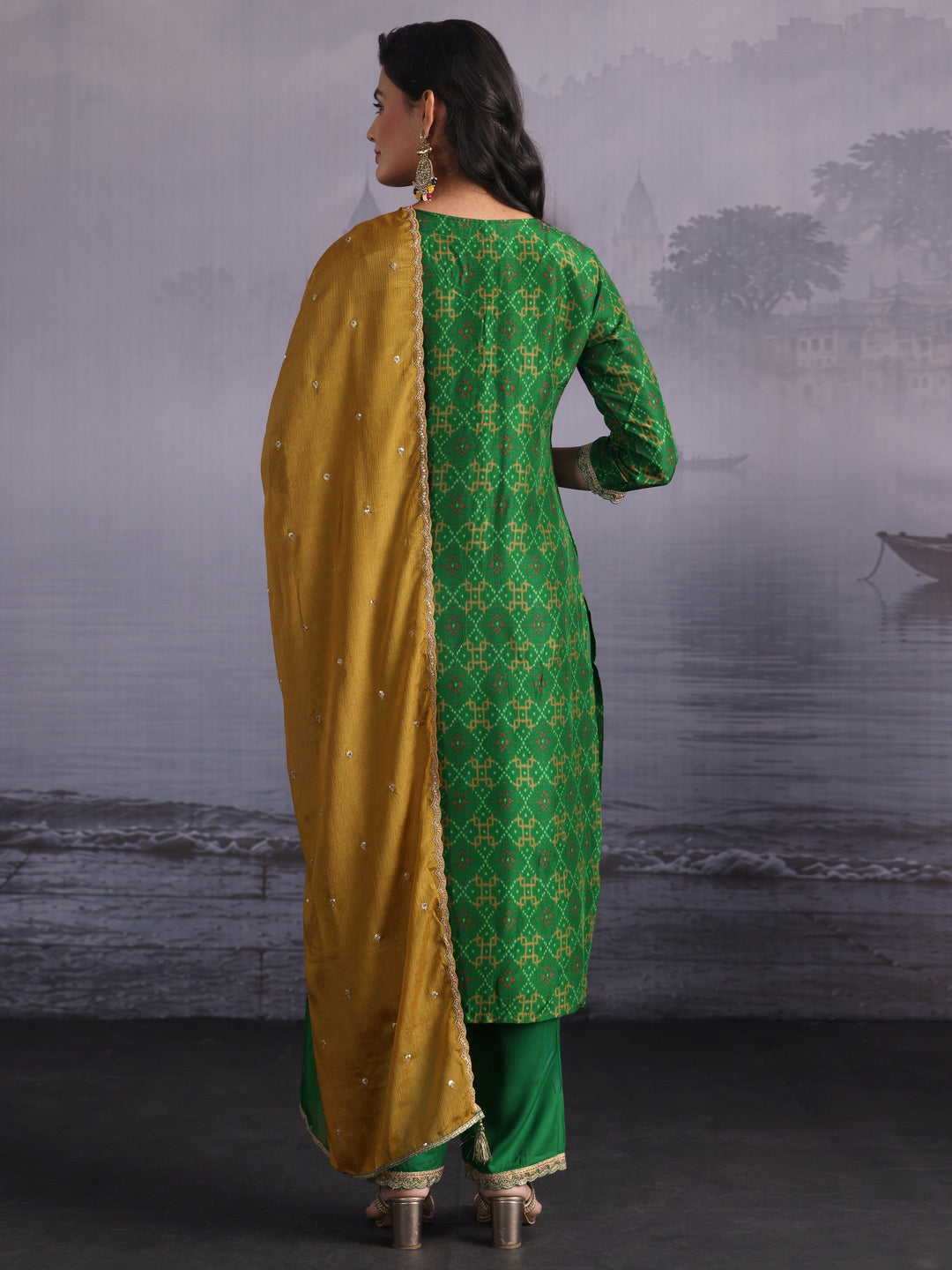  Libas Green Ethnic Printed Silk Blend Straight Suit Set 